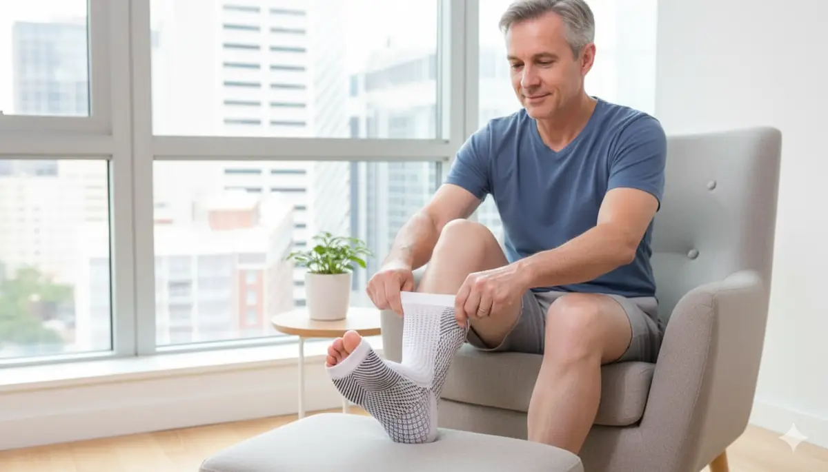 Homem adulto colocando meia de compressão NeuroFit enquanto está sentado em poltrona