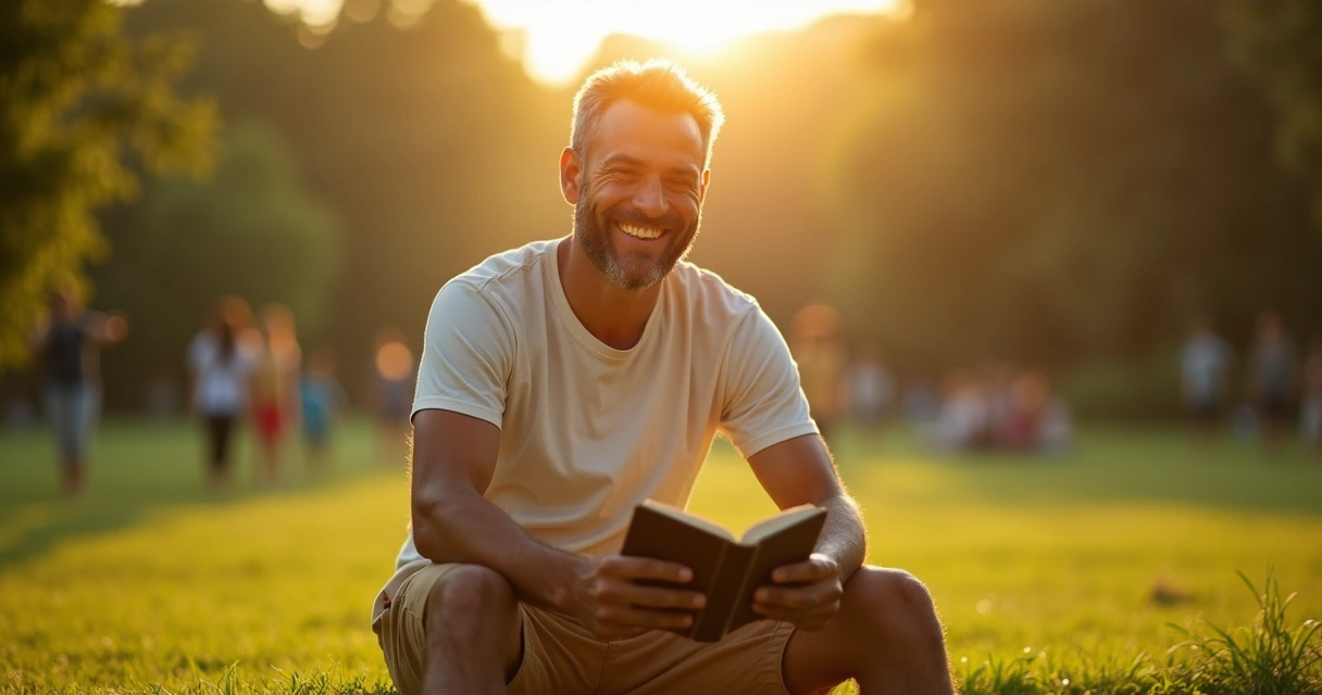 Homem brasileiro sorrindo segurando Bíblia no parque 