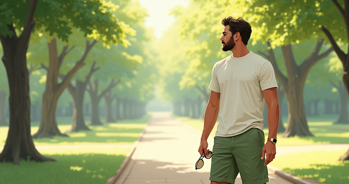 Homem de camiseta de linho clara e bermuda verde em parque de verão