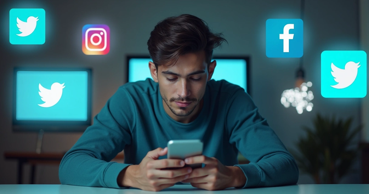 Homem acessando diferentes plataformas de redes sociais no celular 