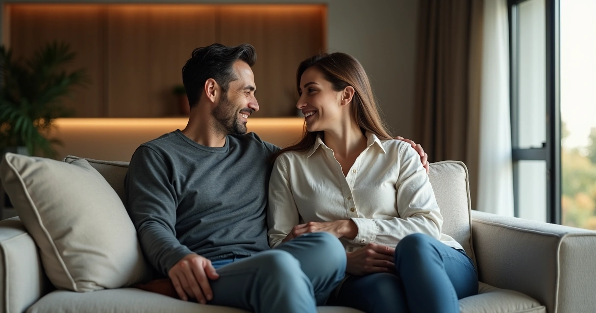 Casal sentado em sofá confortável, homem e mulher conversando sobre saúde íntima 