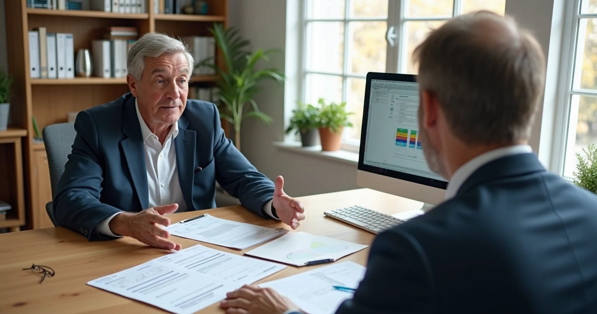 Homem sentado recebendo orientação sobre auxílio-acidente com documentos na mesa 