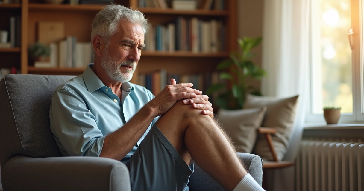 Homem mais velho inclina levemente a perna e toca atrás do joelho, expressão preocupada 