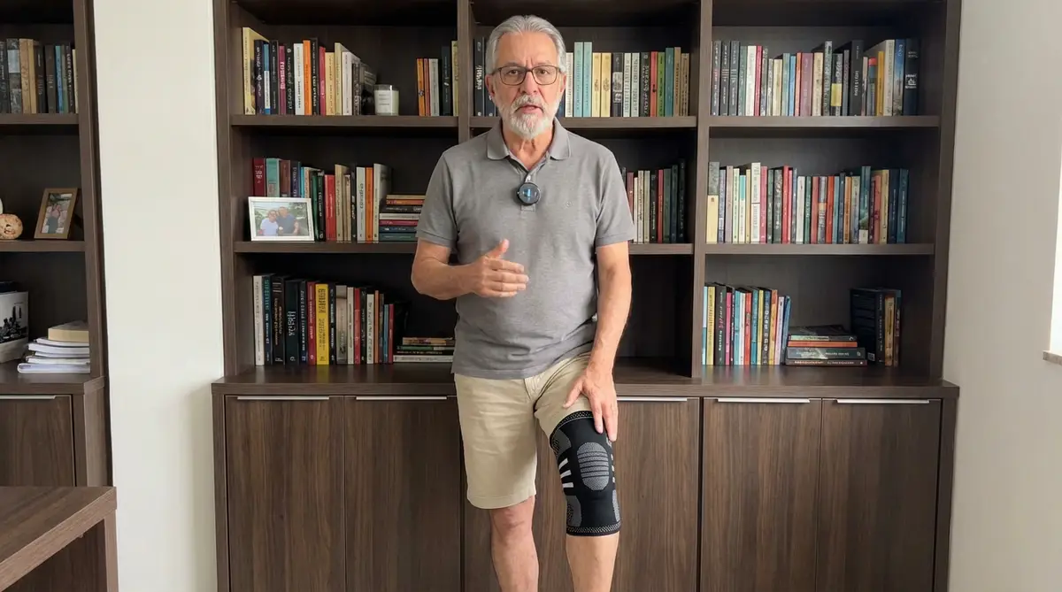 Homem adulto usando joelheira LegFix, em pé diante de estante de livros