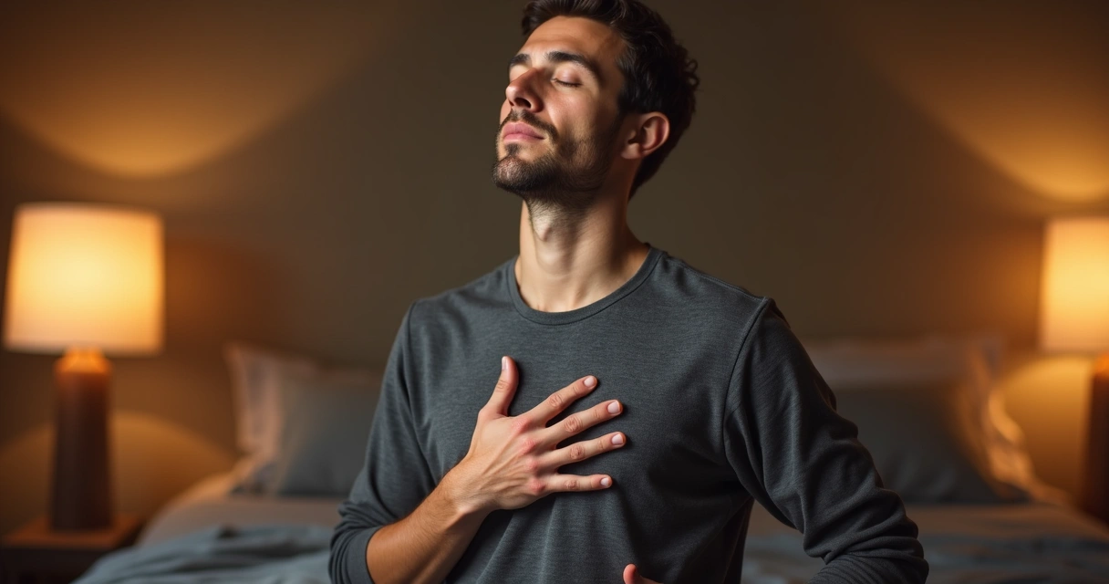 Homem tocando o peito com mão, olhos fechados, respirando profundamente 