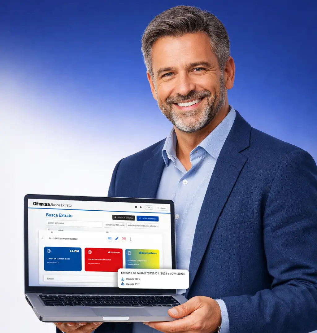 Homem segurando notebook com sistema Ottimizza Busca Extrato na tela