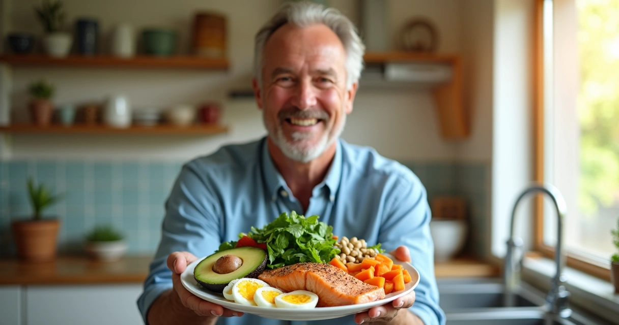 Homem segurando prato colorido com alimentos saudáveis 