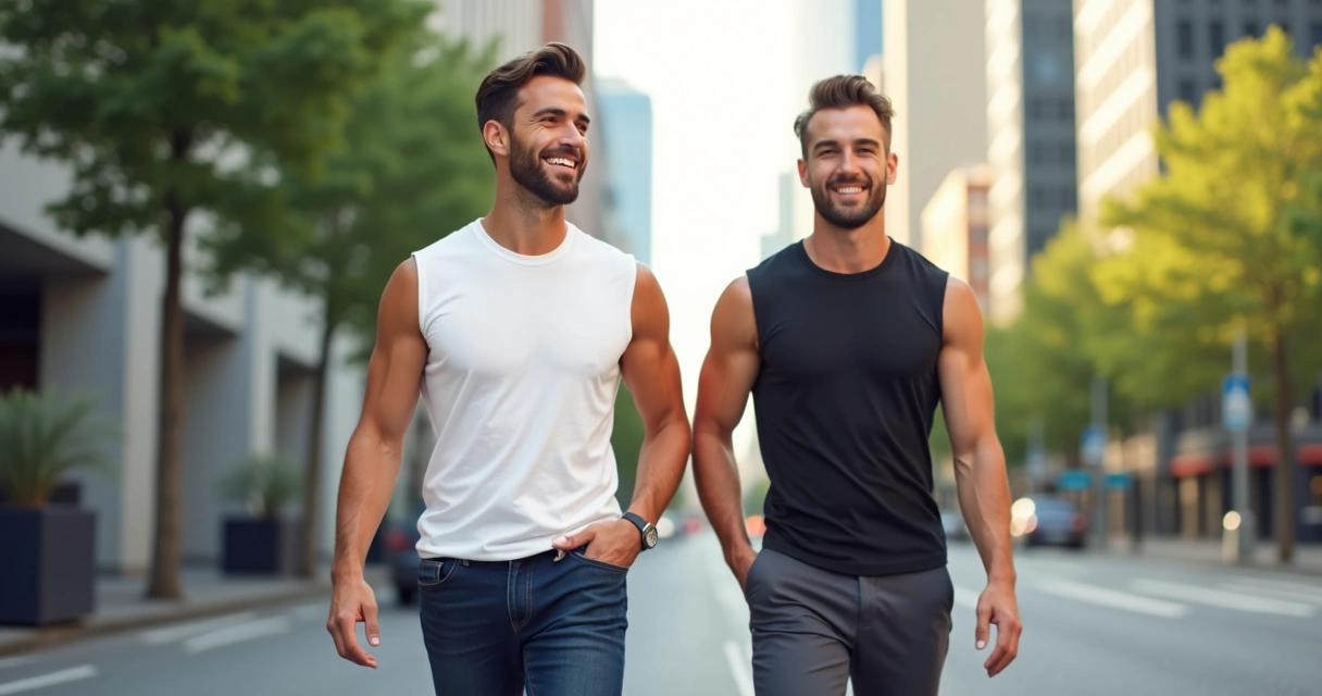 Homem estiloso vestindo regata branca e homem ao lado com regata preta em fundo urbano