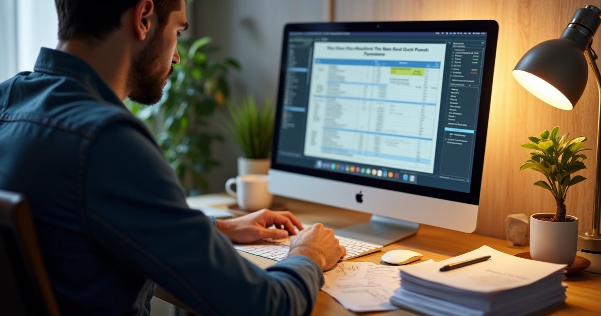 Homem conferindo imposto de renda no computador com pilha de documentos ao lado 