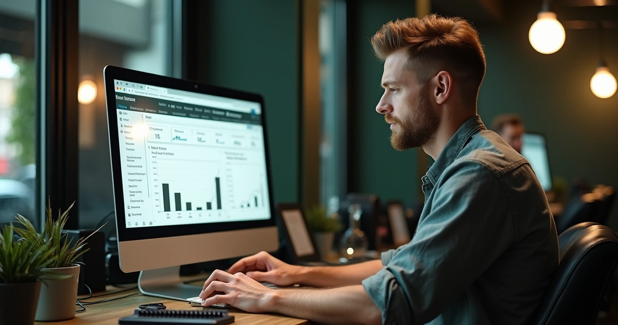 Barbeiro em frente a um computador usando simulador de preços 