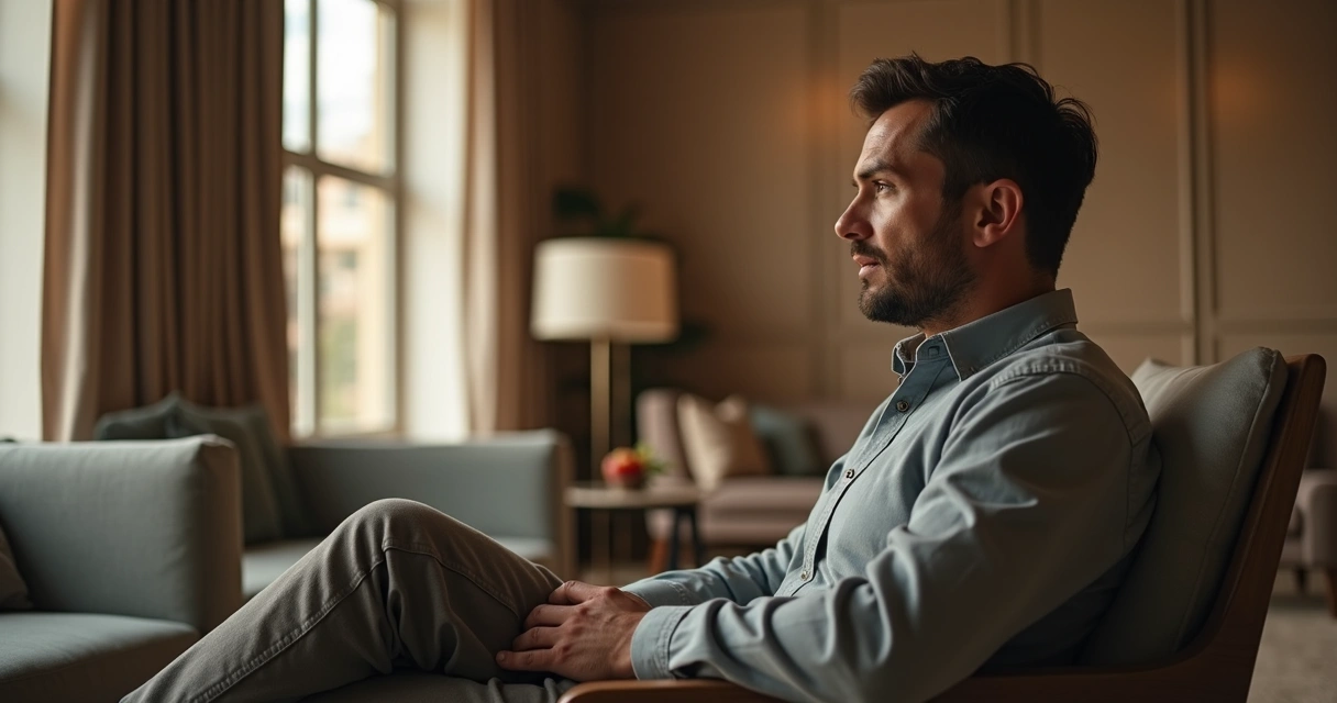 Homem em ambiente sóbrio praticando comunicação íntima com iluminação suave e luxuosa 