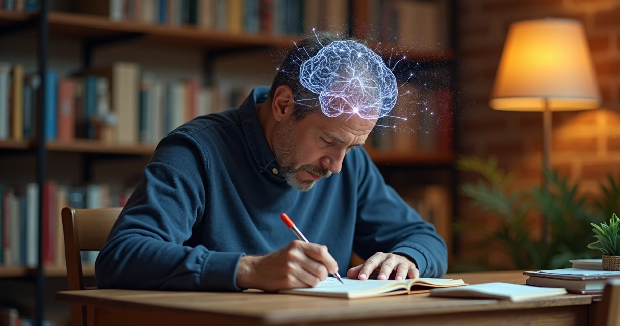 Homem sentado lendo livro e anotando em mesa de madeira 