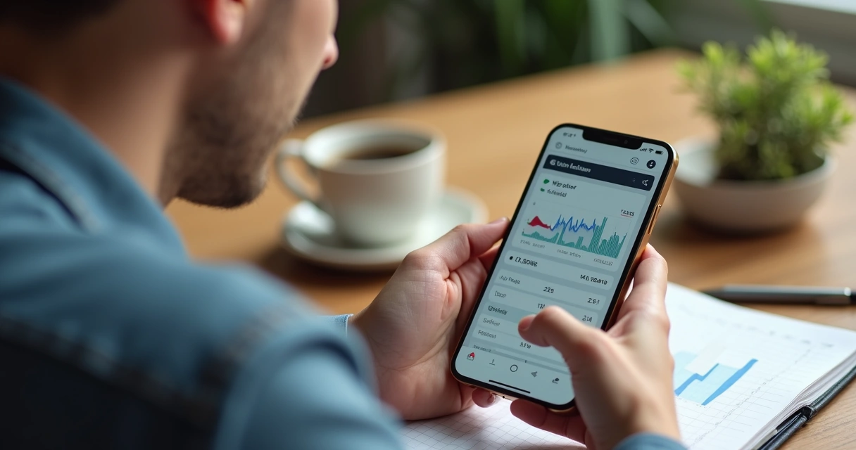 Homem verificando aplicativos de investimentos no celular em mesa de madeira 