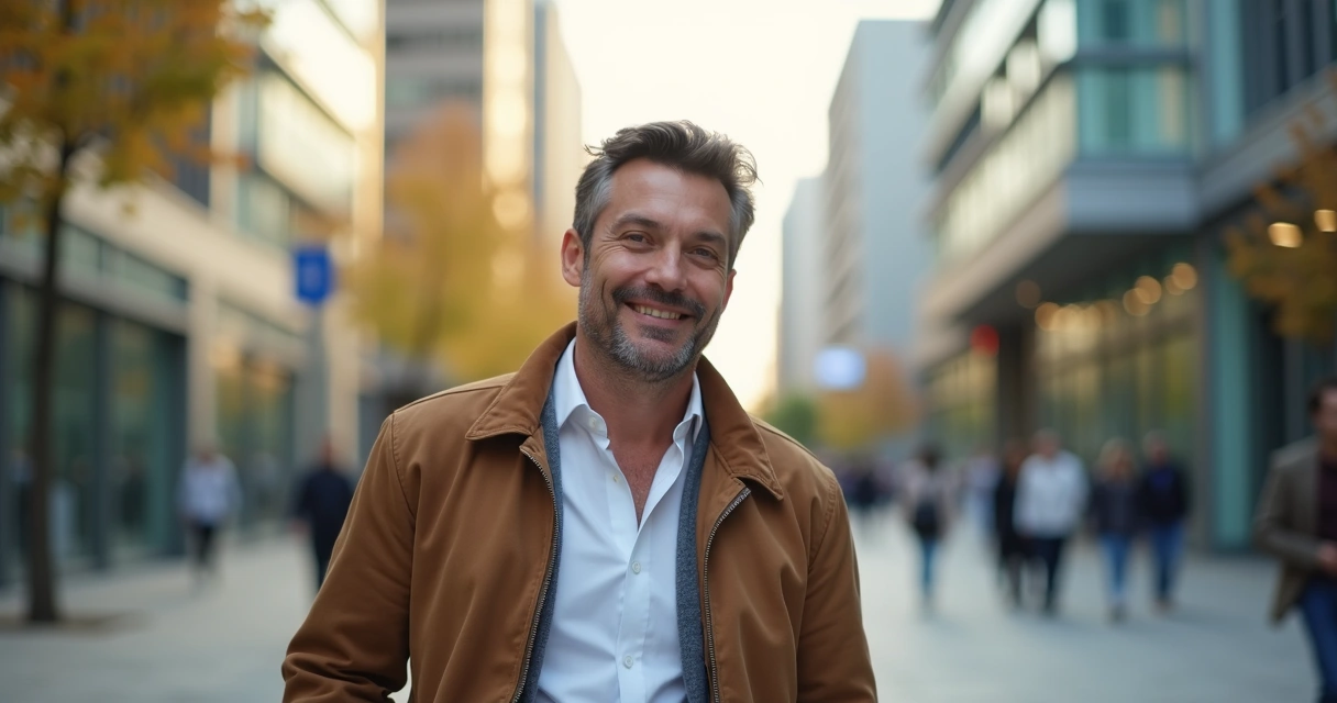 Homem adulto com expressão serena em ambiente urbano