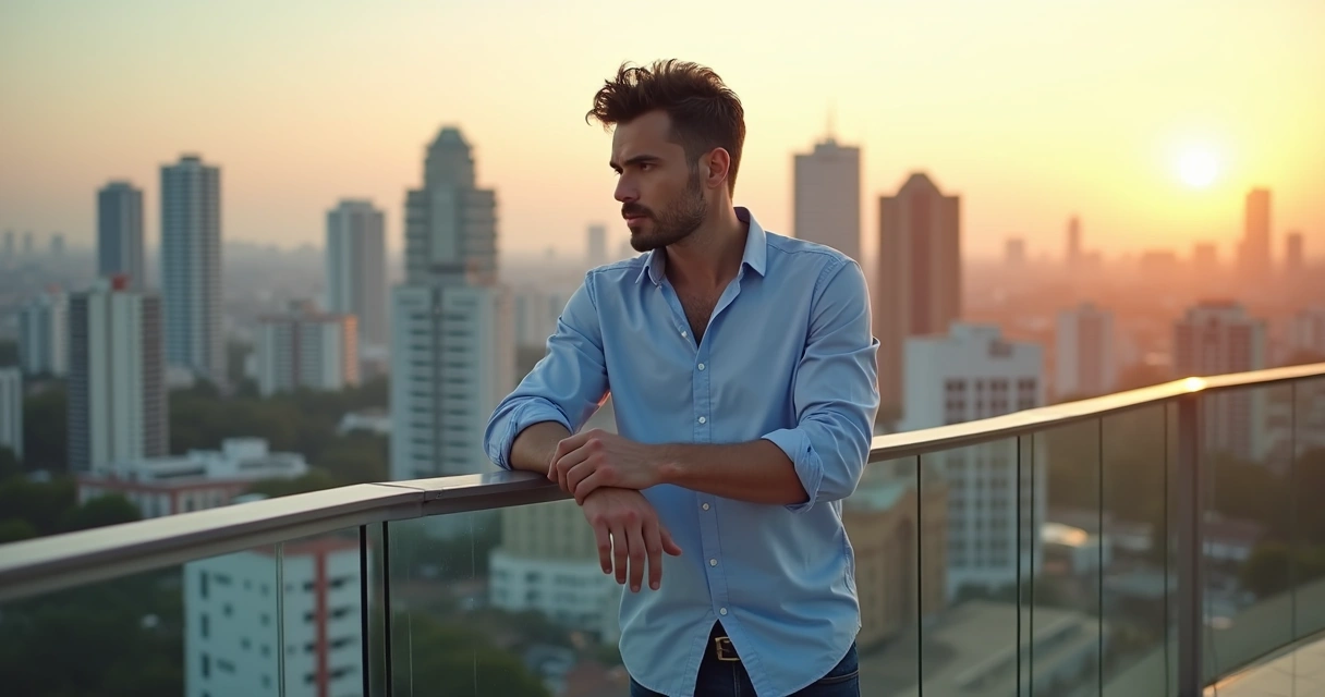 Homem com cabelo denso olhando skyline de São Paulo ao entardecer 