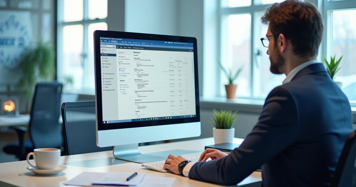 Profissional no escritório configurando email corporativo no computador 
