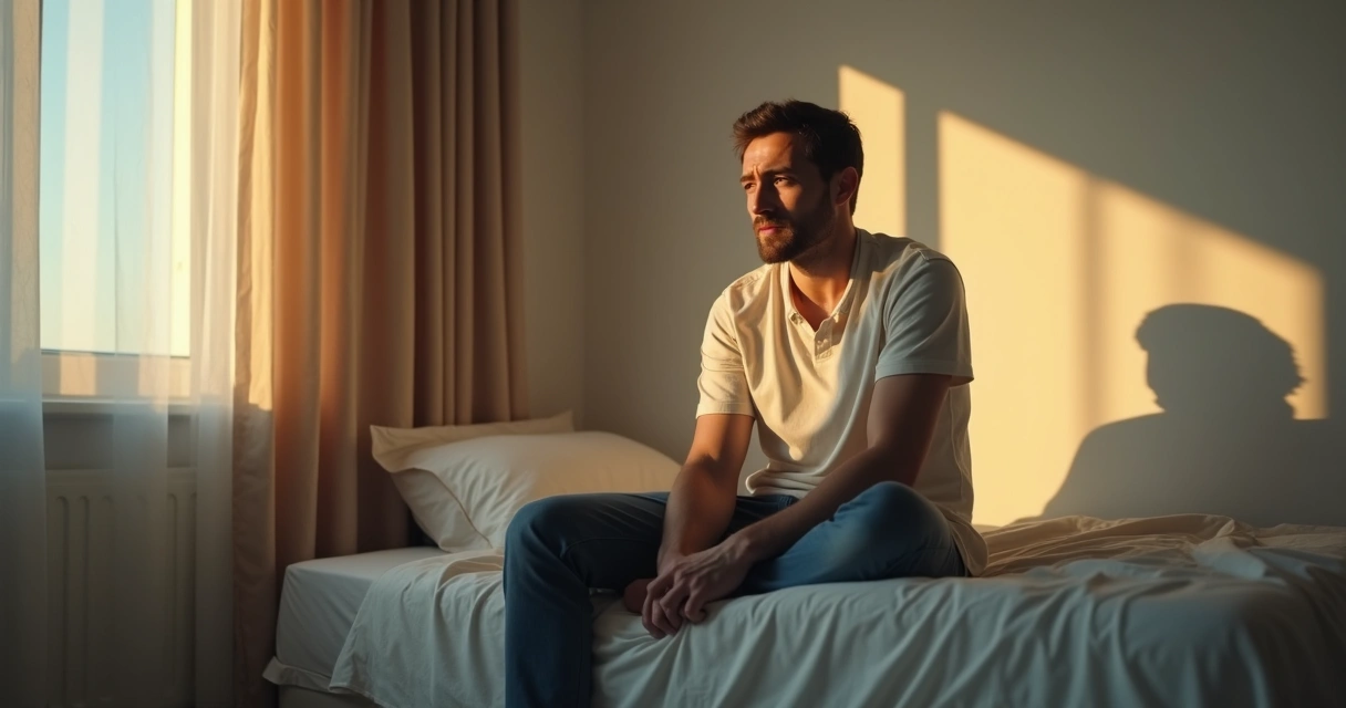 Homem pensativo com expressão de conflito interno 