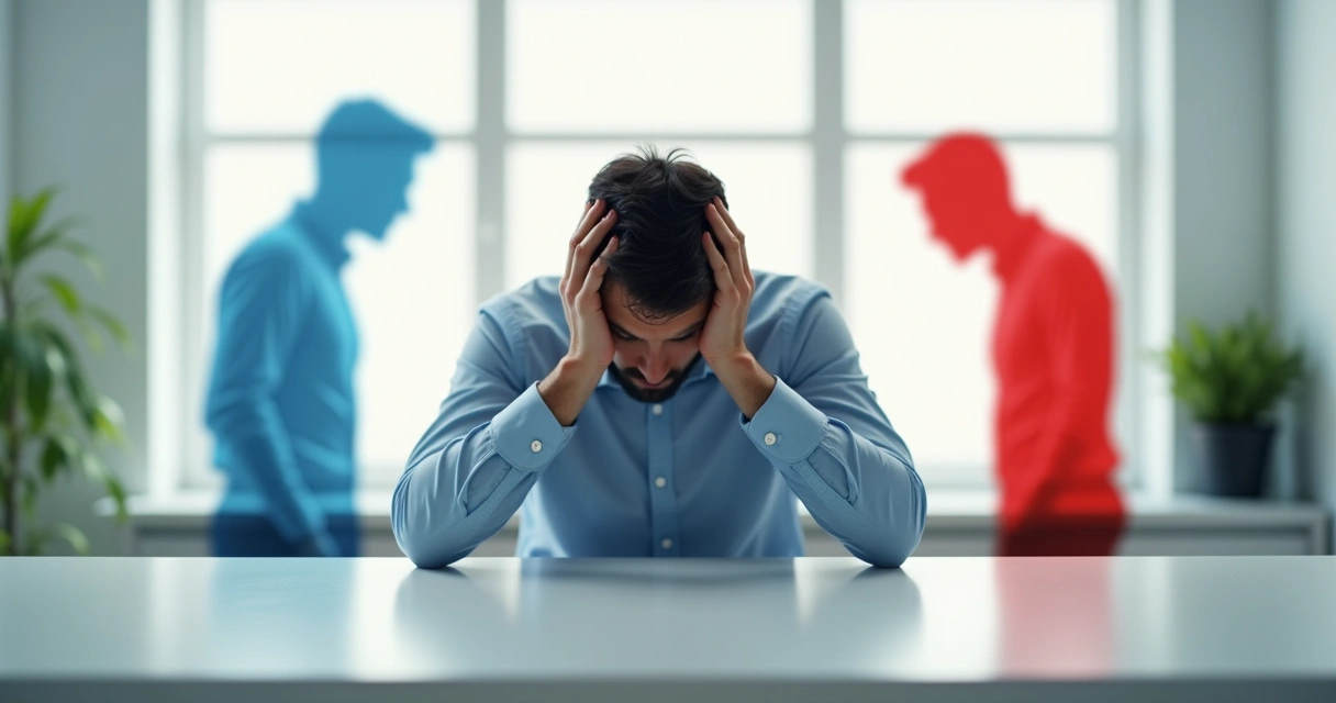 Homem sentado refletindo com expressão de indecisão ao fundo de escritório claro 