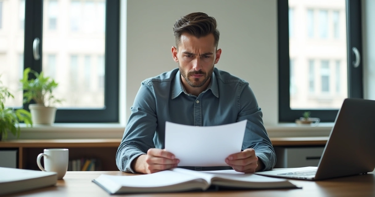 Homem pensativo segurando papéis e parecendo confuso em um escritório moderno.