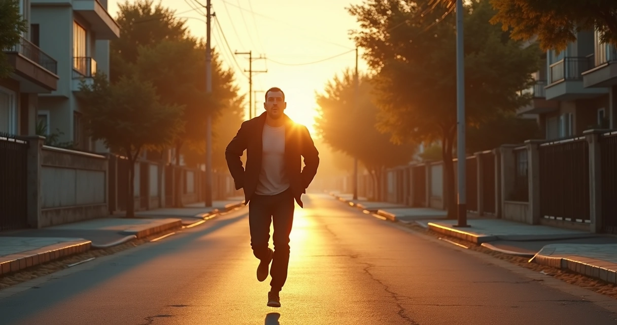 Homem correndo e gritando em rua suburbana ao amanhecer, cenário urbano calmo com casas e árvores 