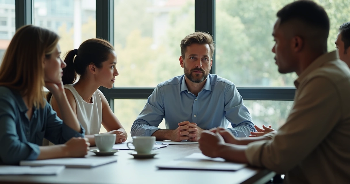 Homem considerando ponto de vista diferente em reunião