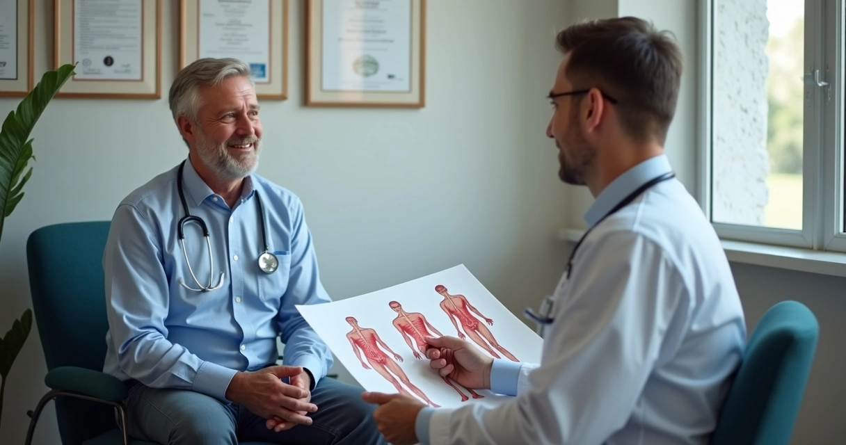 Homem conversando com médico em consultório, expressão tranquila e confiante. 