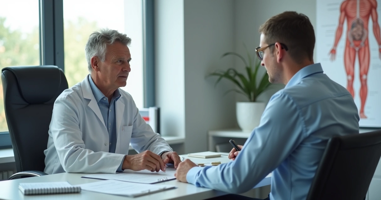 Homem em consulta médica falando sobre sintomas da andropausa