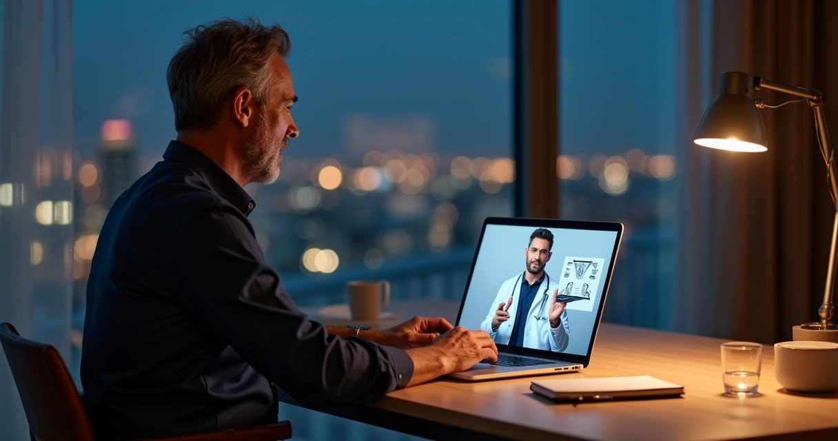 Homem em consulta online discutindo tratamento com caneta para disfunção erétil com médico urologista 