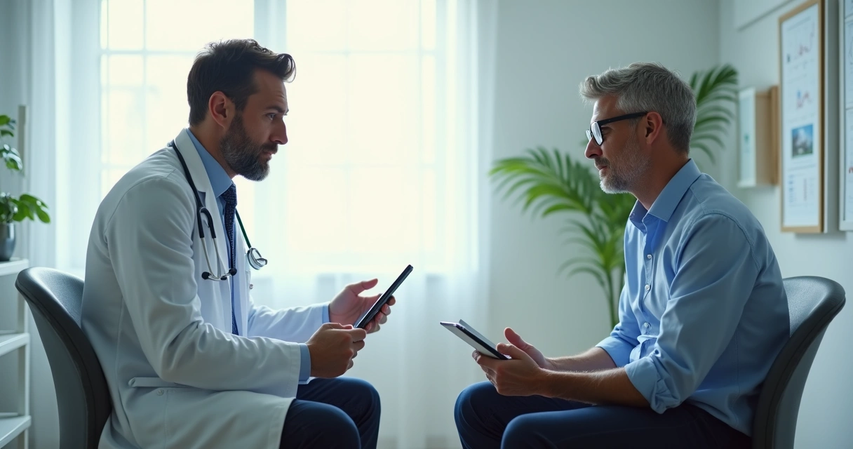 Paciente conversando com médico especialista em consultório moderno 