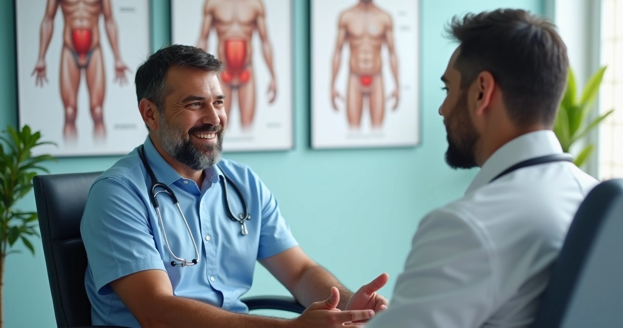 Homem em consulta médica com doutor sorridente em consultório moderno 