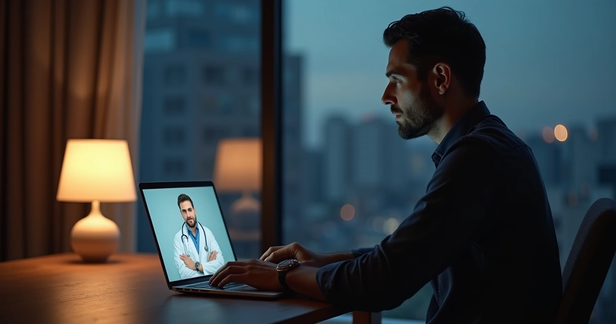 Homem adulto em consulta online séria sobre disfunção erétil com médico na tela do notebook 