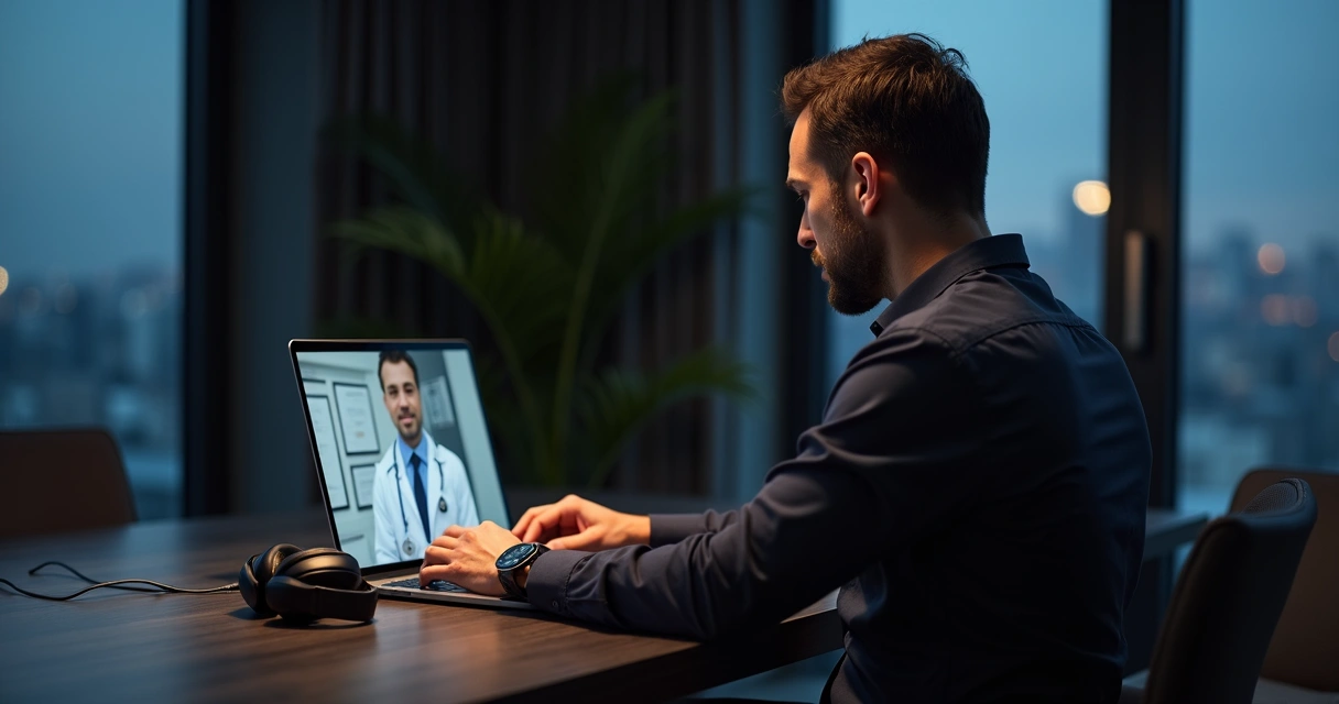 Homem adulto em consulta médica online sobre ejaculação precoce 