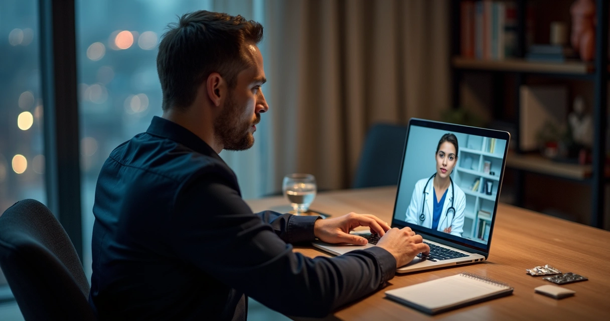 Homem em home office conversando por videoconsulta com médica sobre ejaculação precoce 
