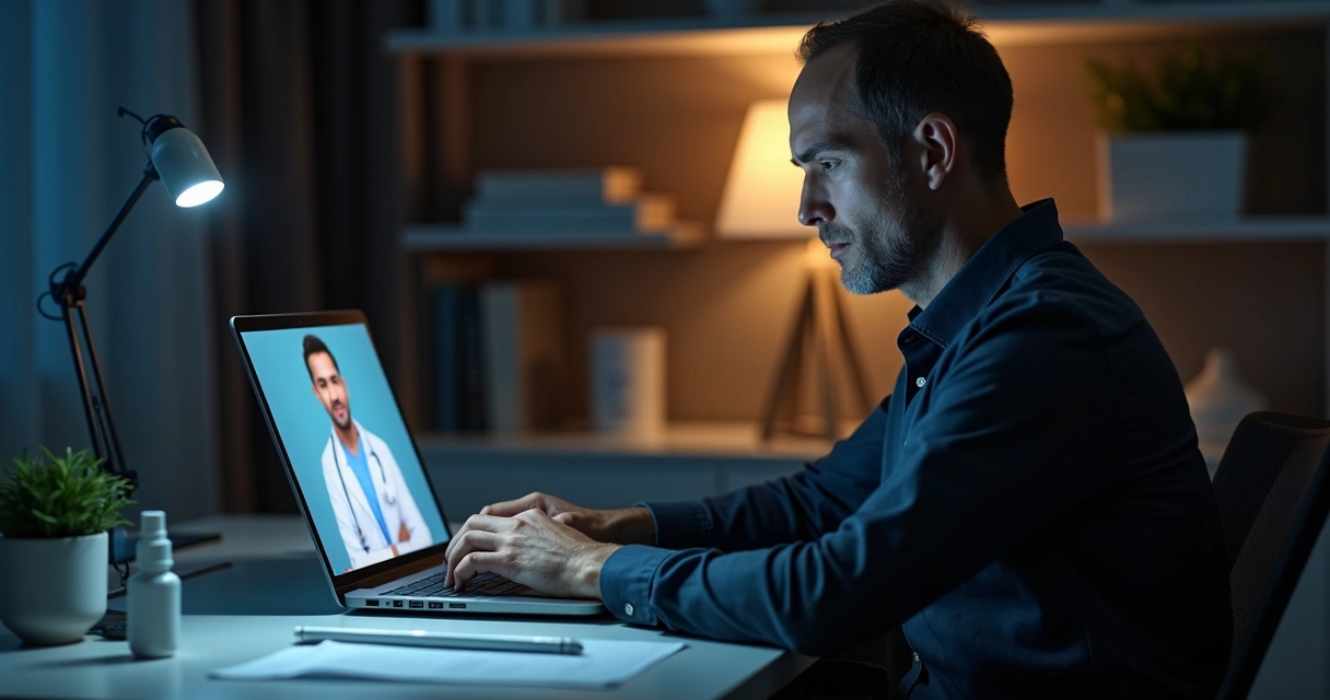 Homem em consulta médica online sobre ejaculação precoce em ambiente discreto e profissional 