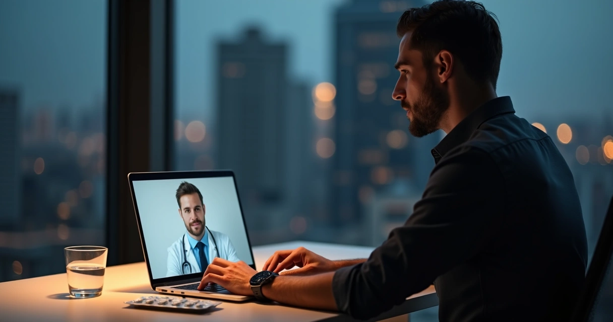 Homem adulto em consulta médica online sobre saúde sexual no notebook 