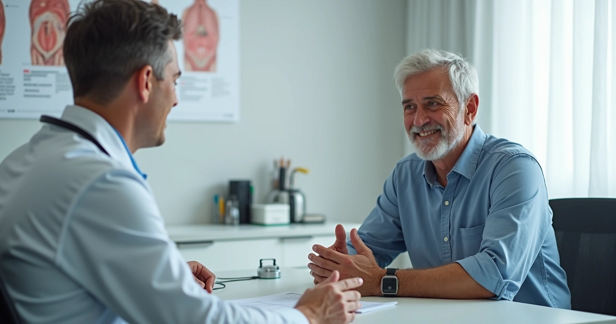 Homem sentado em consultório conversando com urologista com expressão de alívio 