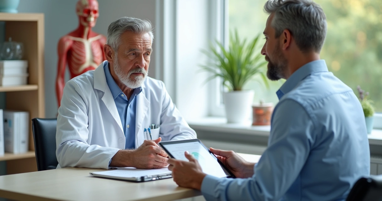 Homem em consulta com médico urologista, ambos sentados