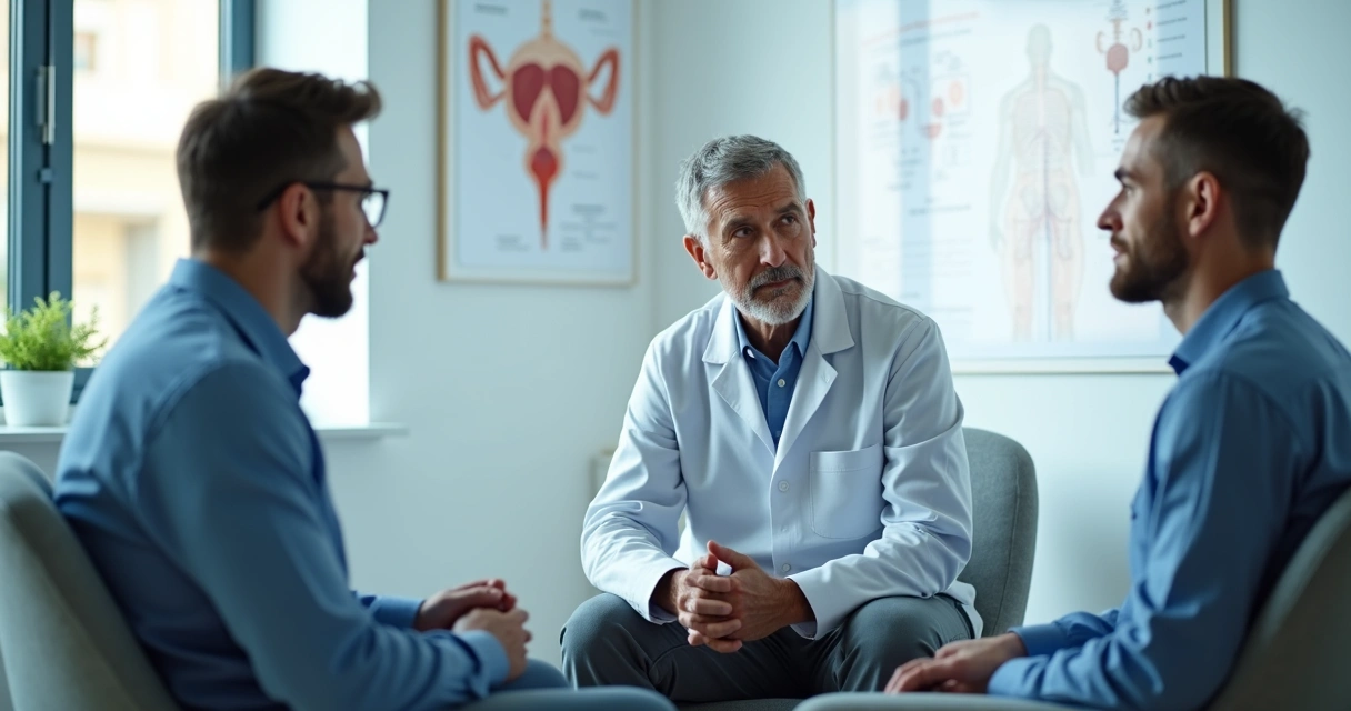 Homem conversando com médico urologista em consultório moderno 