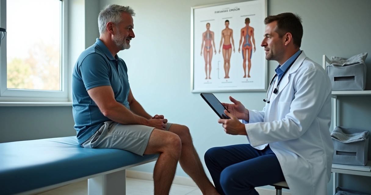 Homem em consulta vascular mostrando pernas ao médico 
