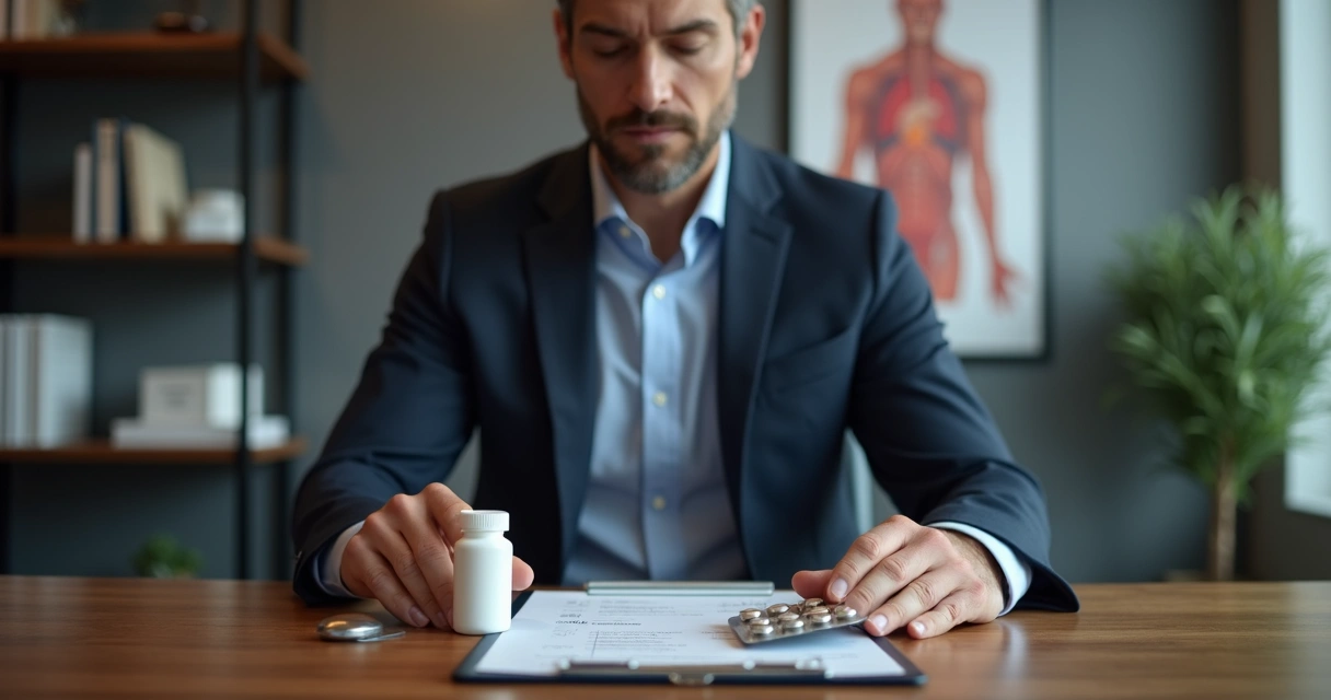 Homem adulto analisando frasco de comprimidos em ambiente clínico discreto 