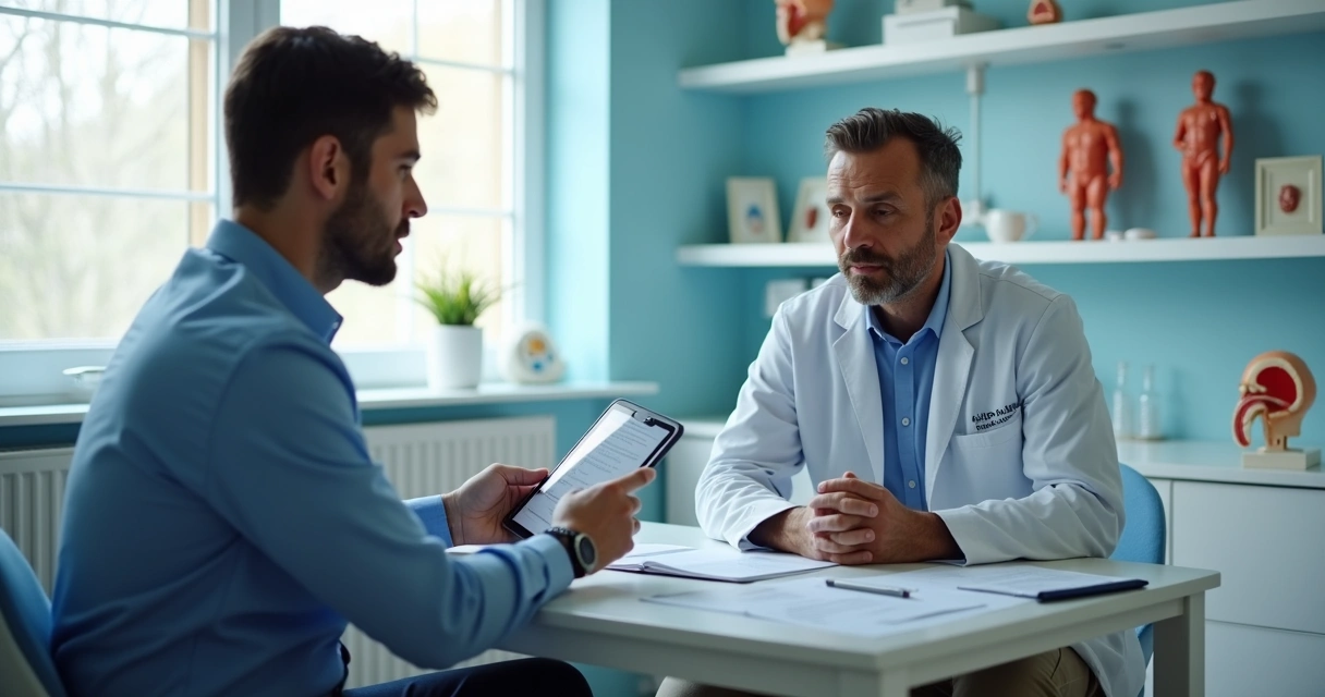 Homem adulto conversando com urologista em consultório 