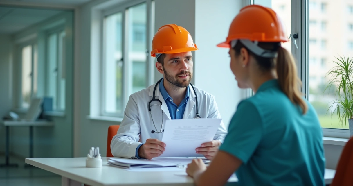 Homem com capacete de operário em consulta médica, médico analisando documentos, ambiente clínico neutro.