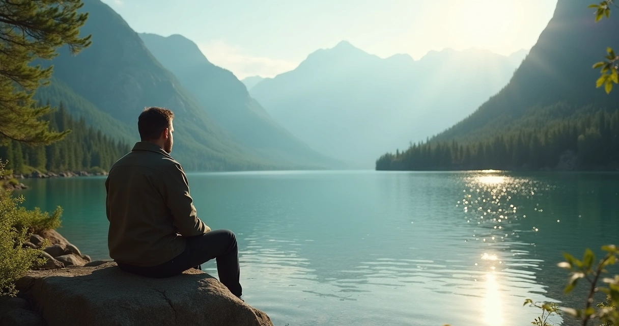 Homem sentado em pedra olhando paisagem natural com lago e montanhas 