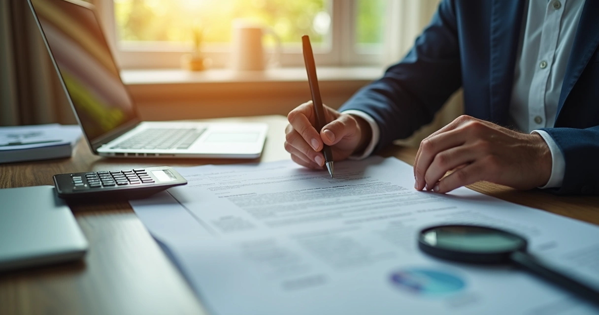 Empresário analisando contrato com lupa e calculadora 