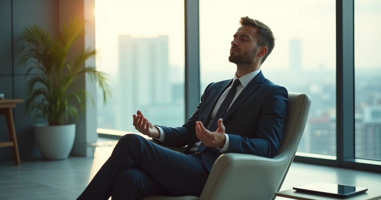 Homem de terno sentado em cadeira, olhos fechados, respirando profundamente 