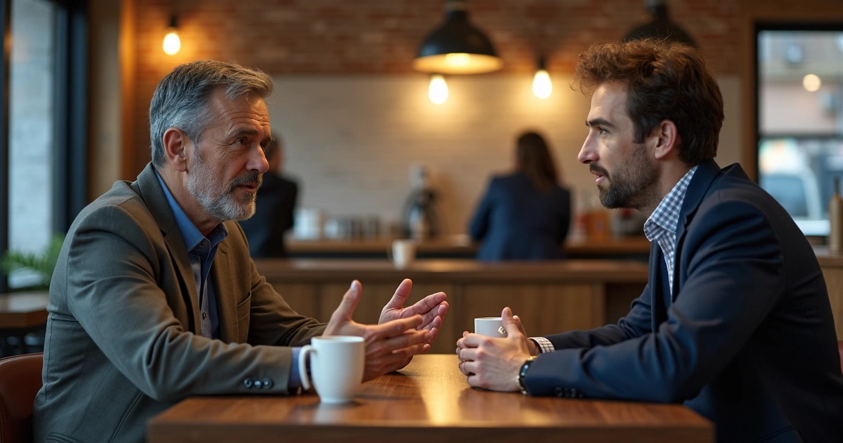 Homem falando com gestos calmos durante uma conversa em uma cafeteria moderna.