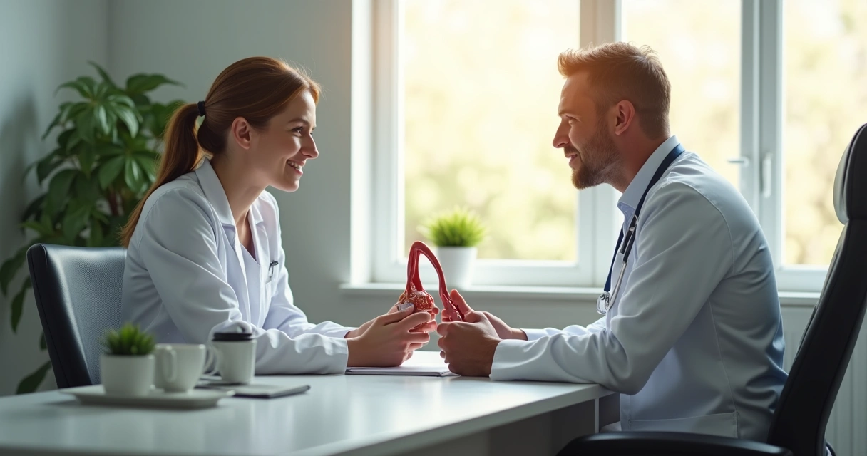 Paciente conversando com medico urologista em consultório aconchegante 