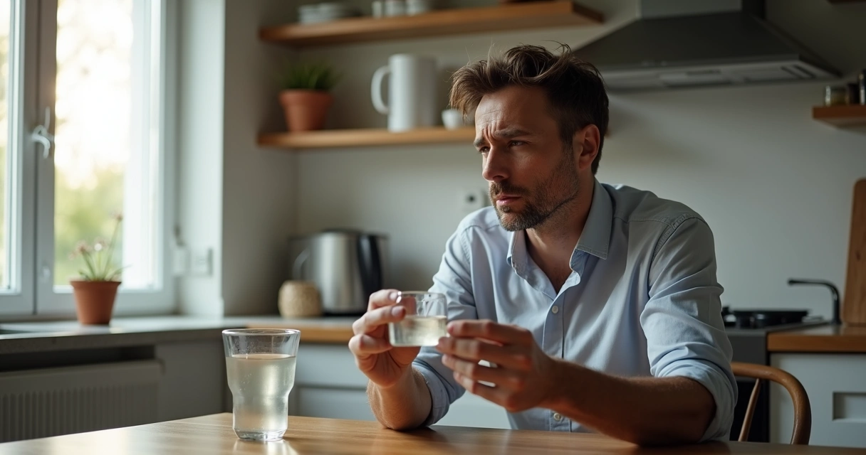 Homem olhando para comprimido com copo de água 