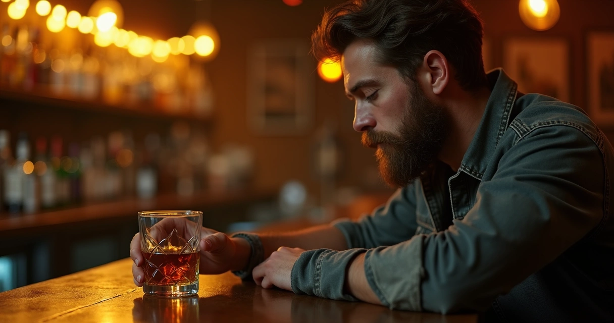 Homem sentado em bar segurando copo de bebida olhando para baixo