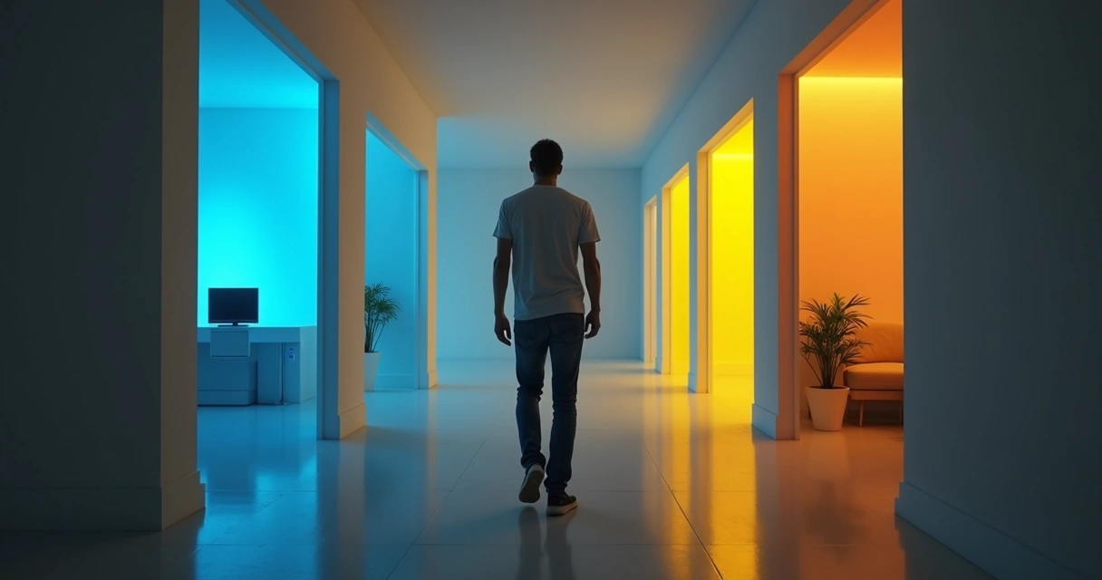 Homem caminhando em corredor com portas coloridas representando escolhas emocionais 